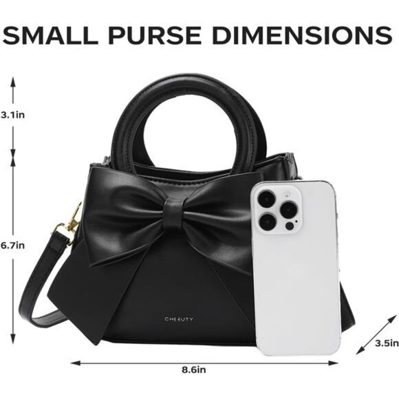 Small Crossbody Bag for Women Vegan Leather Handbag with Top Handle Cute Bow - Picture 3 of 7